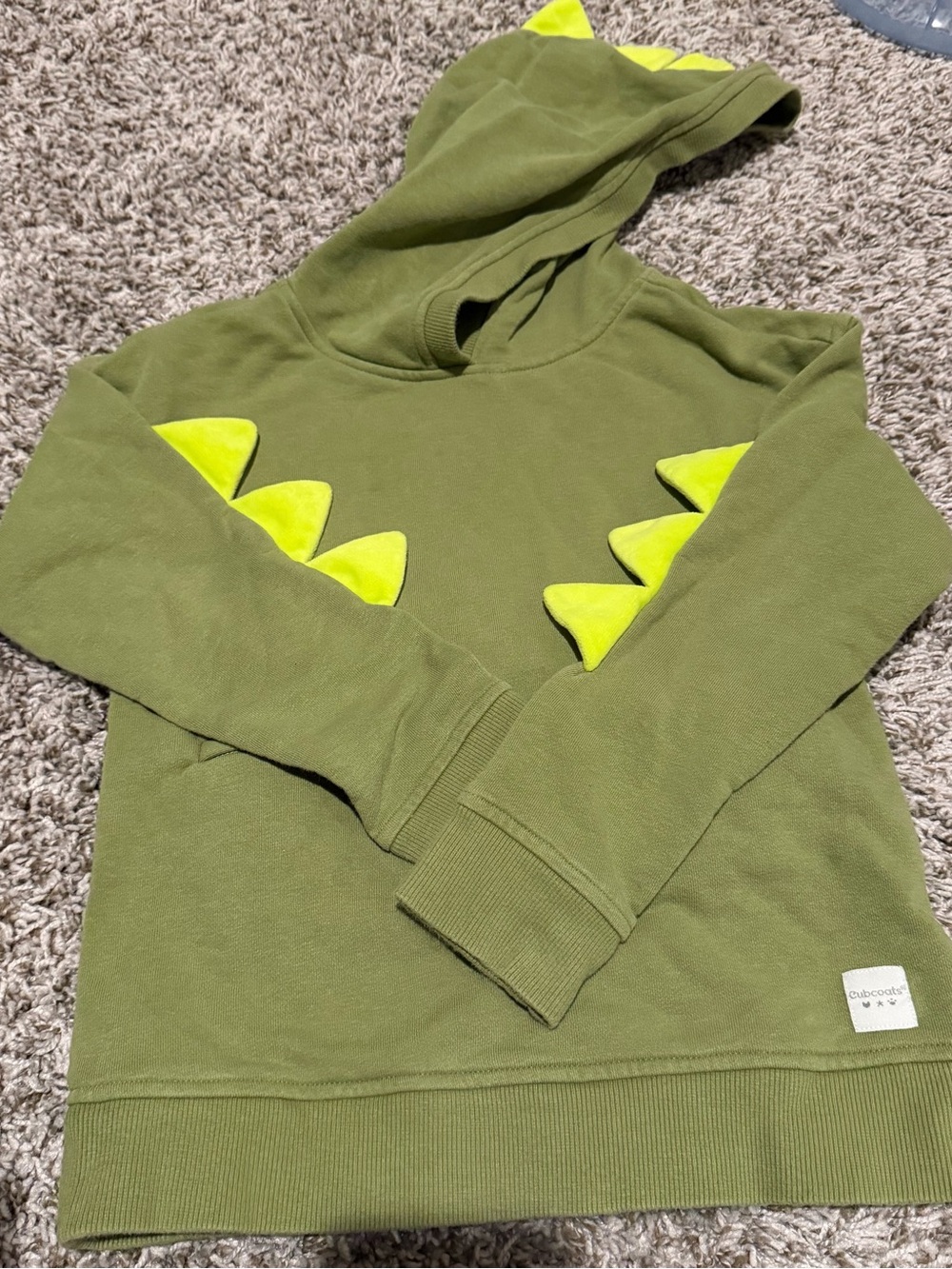 Kids Olive Green Dino Hoodie with Neon Lime Spikes